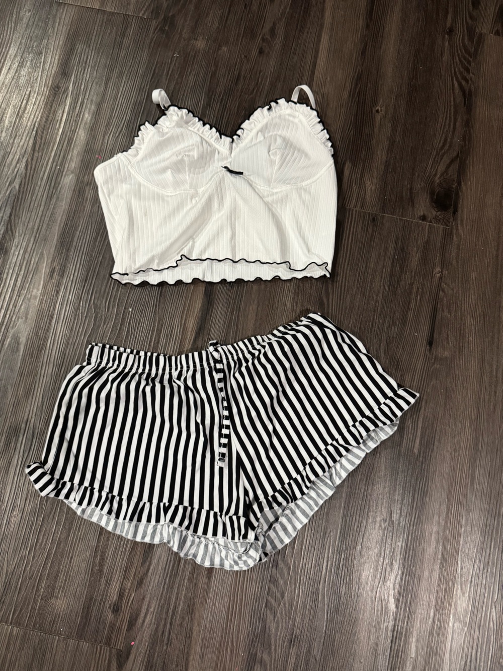 White Ruffle Trim Crop Tank Top with Shorts